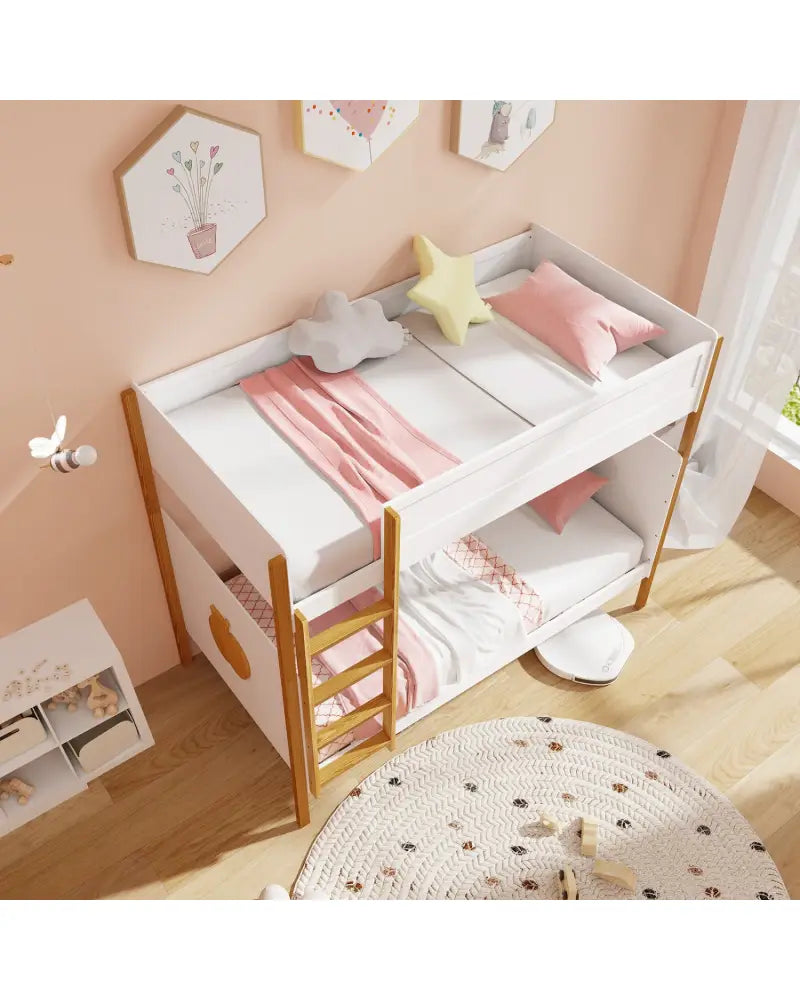 Twin Over Twin Bunk Bed with Integrated Ladder and Safety Guardrails-Twin Size - White - Bunk Bed Frame