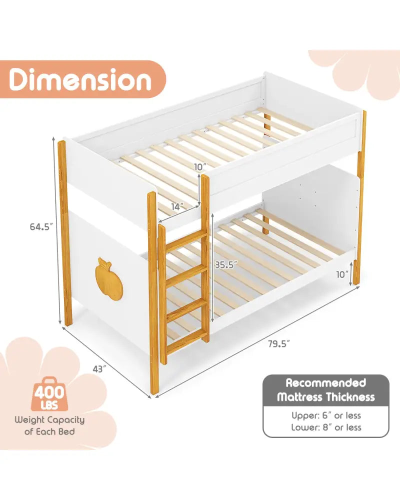Twin Over Twin Bunk Bed with Integrated Ladder and Safety Guardrails-Twin Size - White - Bunk Bed Frame