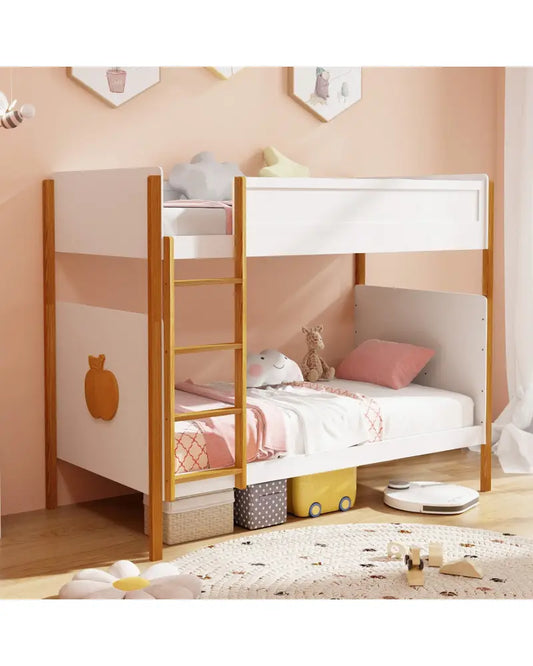 Twin Over Twin Bunk Bed with Integrated Ladder and Safety Guardrails-Twin Size - White - Bunk Bed Frame