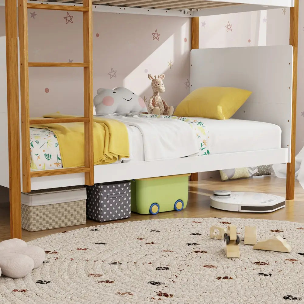 Twin Over Twin Bunk Bed with Integrated Ladder and Safety Guardrails-Twin Size - White - Bunk Bed Frame