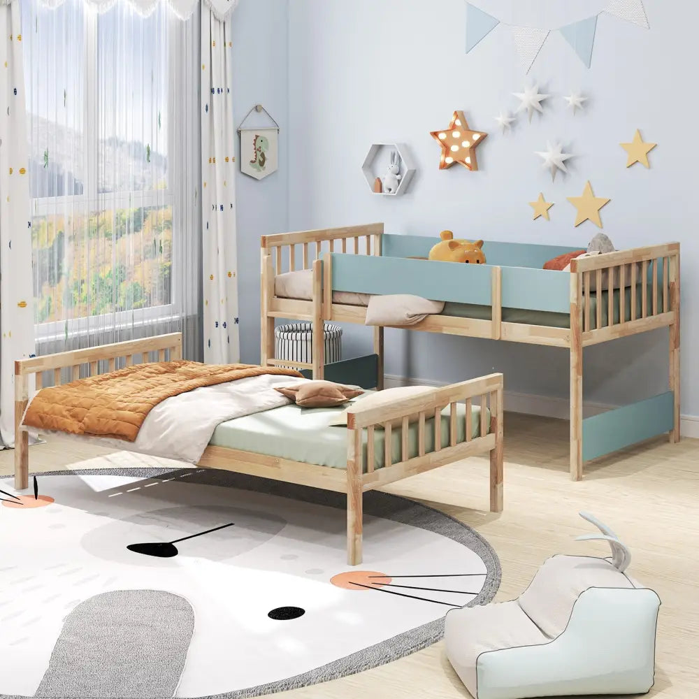 Twin Over Twin Bunk Bed with Ladder and Full-length Guardrails-Natural - Natural - Toddler Beds