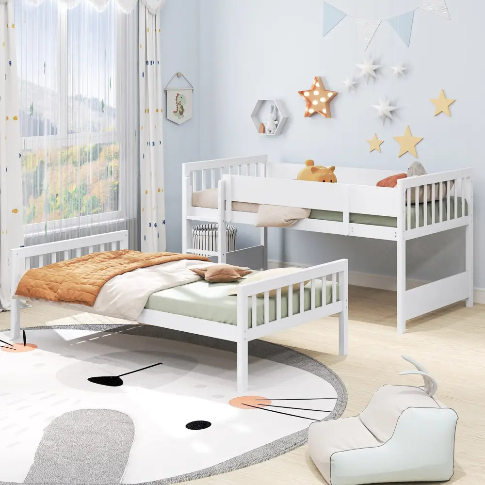Twin Over Twin Bunk Bed with Ladder and Full-length Guardrails-White - White - Toddler Beds