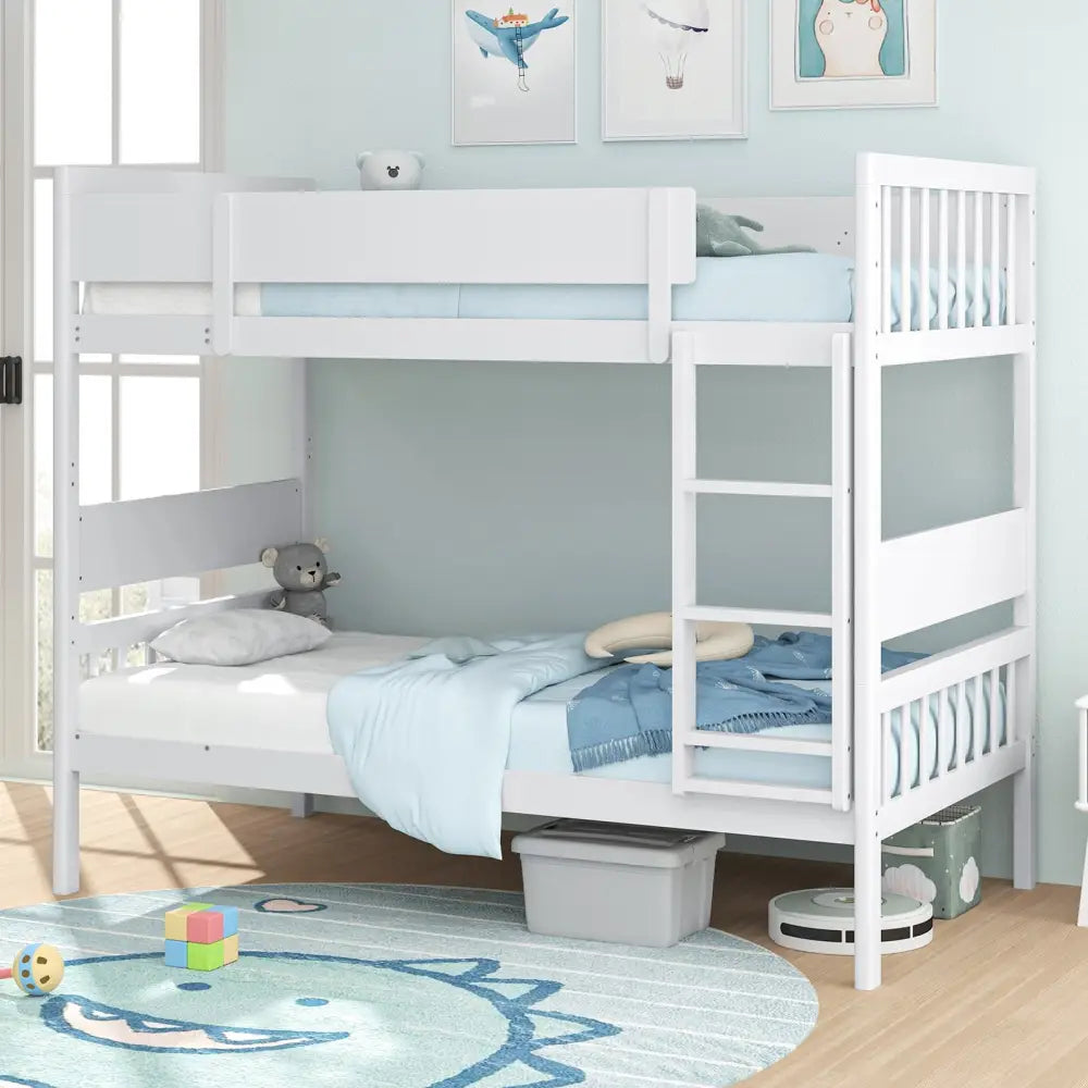 Twin Over Twin Bunk Bed with Ladder and Full-length Guardrails-White - White - Toddler Beds
