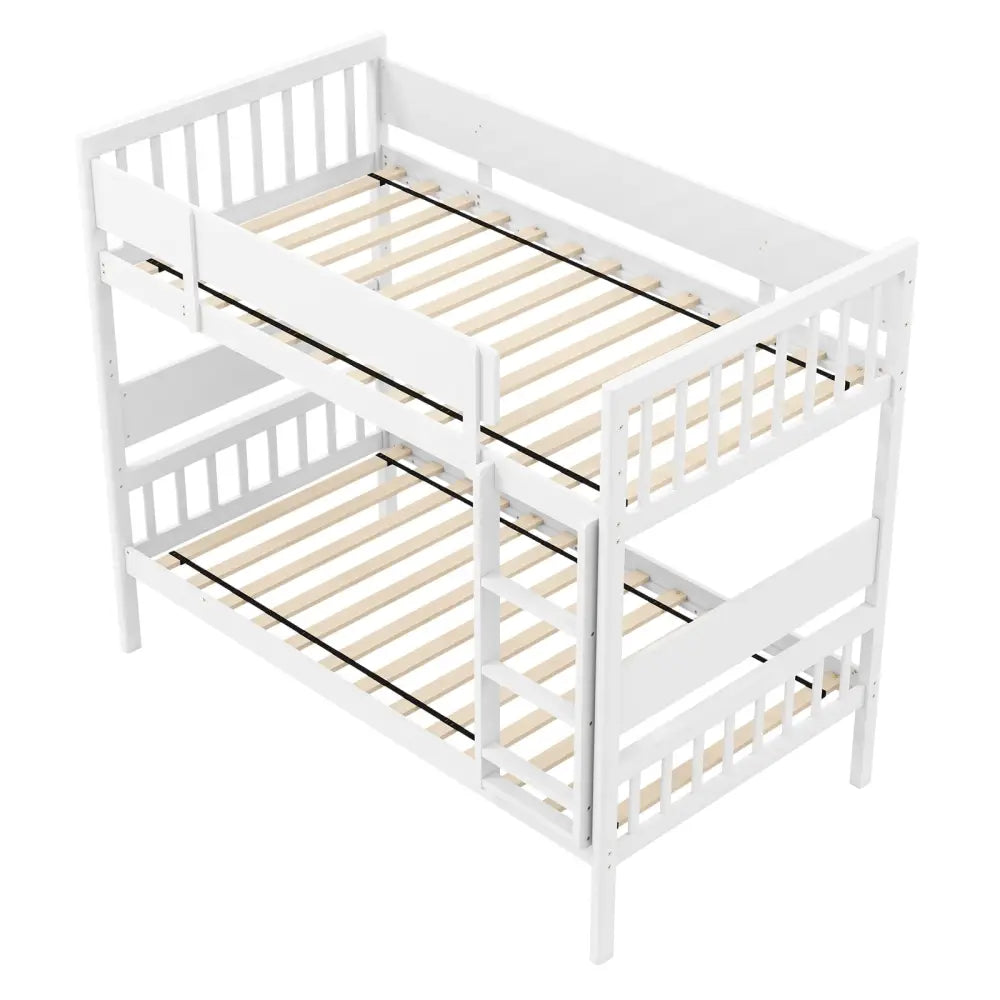 Twin Over Twin Bunk Bed with Ladder and Full-length Guardrails-White - White - Toddler Beds