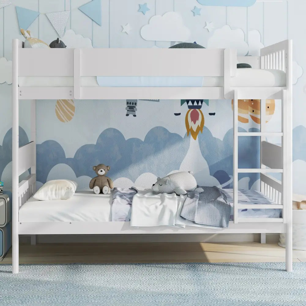Twin Over Twin Bunk Bed with Ladder and Full-length Guardrails-White - White - Toddler Beds