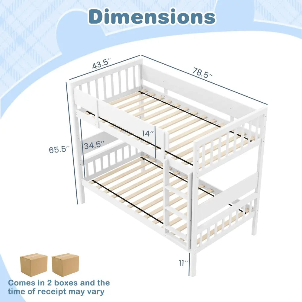 Twin Over Twin Bunk Bed with Ladder and Full-length Guardrails-White - White - Toddler Beds