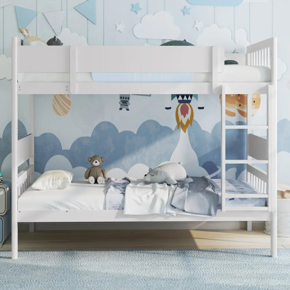 Twin Over Twin Bunk Bed with Ladder and Full-length Guardrails-White - White - Toddler Beds