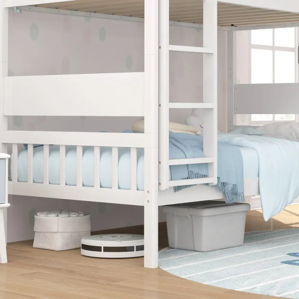 Twin Over Twin Bunk Bed with Ladder and Full-length Guardrails-White - White - Toddler Beds