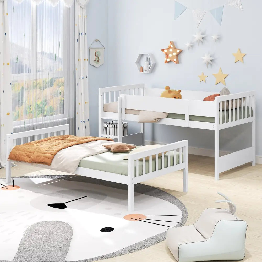 Twin Over Twin Bunk Bed with Ladder and Full-length Guardrails-White - White - Toddler Beds