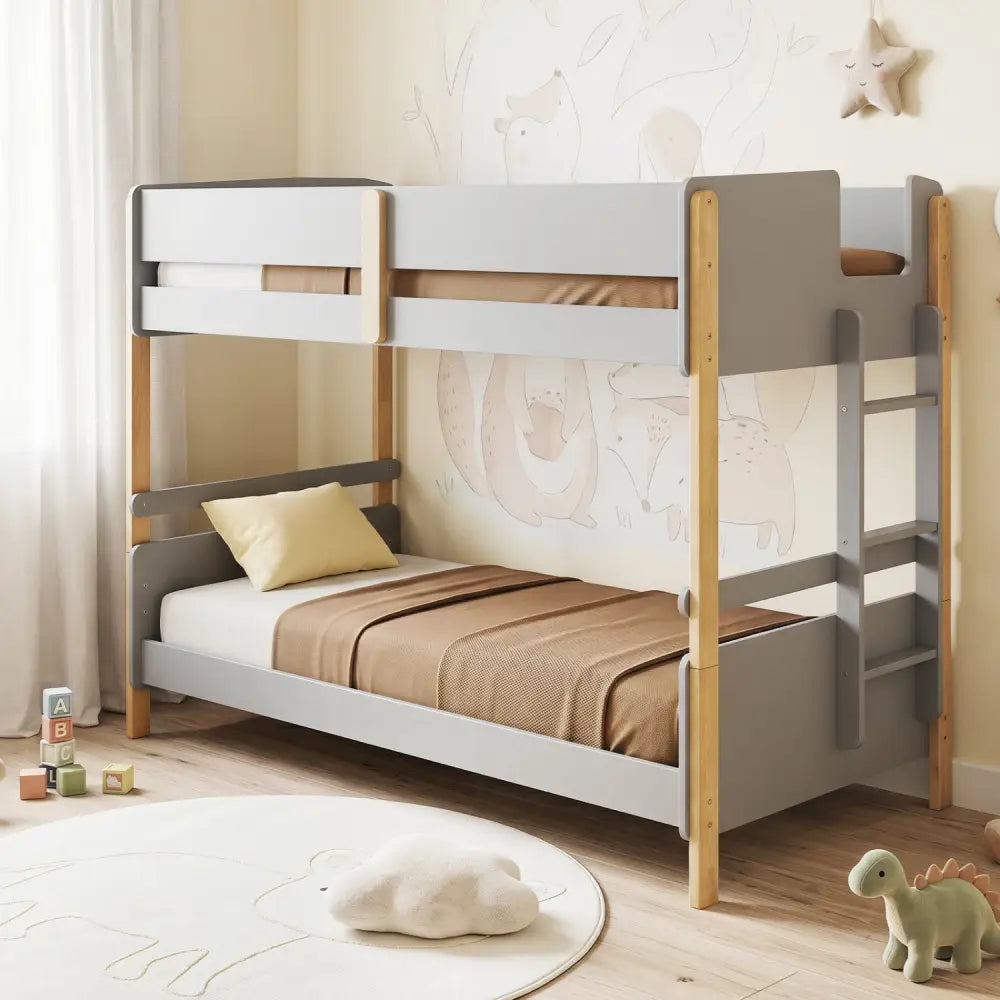 Twin Over Twin Bunk Bed with Ladder Convertible to 2 Twin Beds Toddler Wood Bunk Bed-Grey - Gray - Toddler Beds