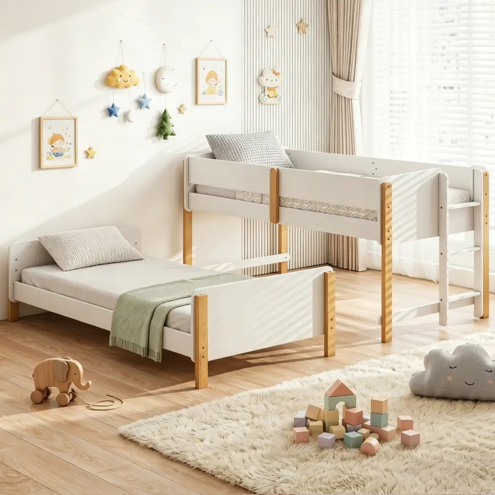 Twin Over Twin Bunk Bed with Ladder Convertible to 2 Twin Beds Toddler Wood Bunk Bed-White - White - Toddler Beds