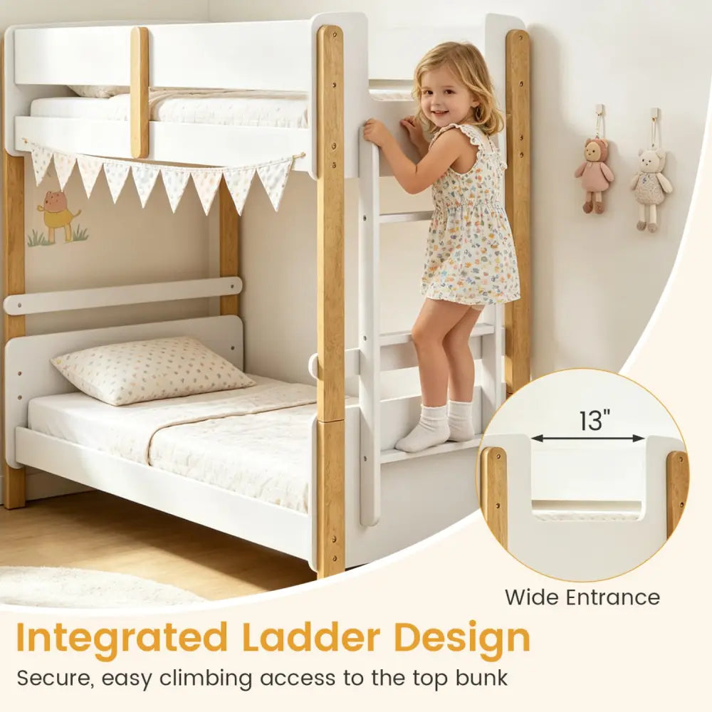 Twin Over Twin Bunk Bed with Ladder Convertible to 2 Twin Beds Toddler Wood Bunk Bed-White - White - Toddler Beds