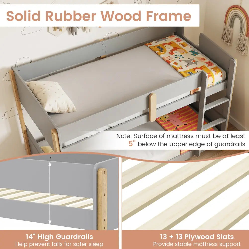 Twin Over Twin Bunk Bed with Ladder Convertible to 2 Twin Beds Toddler Wood Bunk Bed-Grey - Gray - Toddler Beds