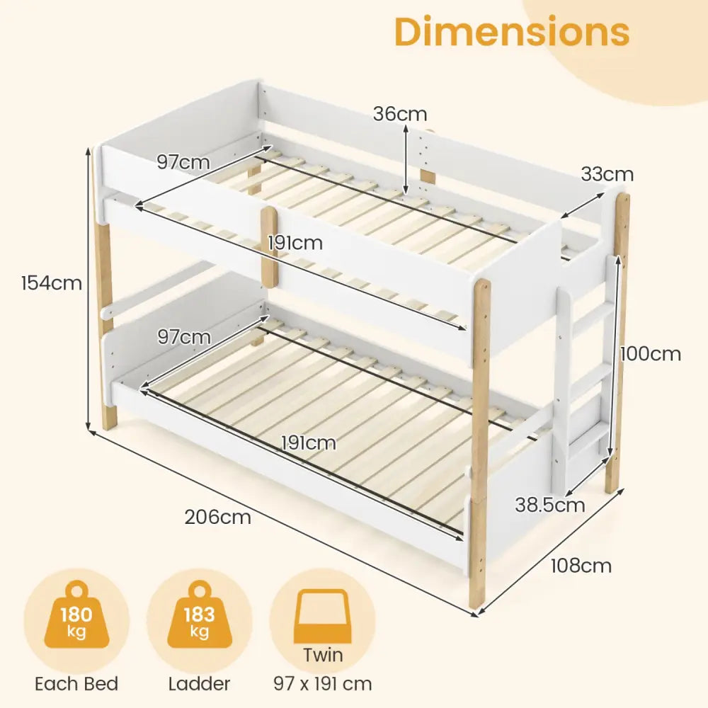 Twin Over Twin Bunk Bed with Ladder Convertible to 2 Twin Beds Toddler Wood Bunk Bed-White - White - Toddler Beds