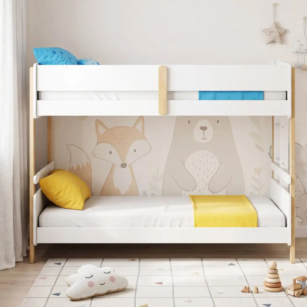 Twin Over Twin Bunk Bed with Ladder Convertible to 2 Twin Beds Toddler Wood Bunk Bed-White - White - Toddler Beds