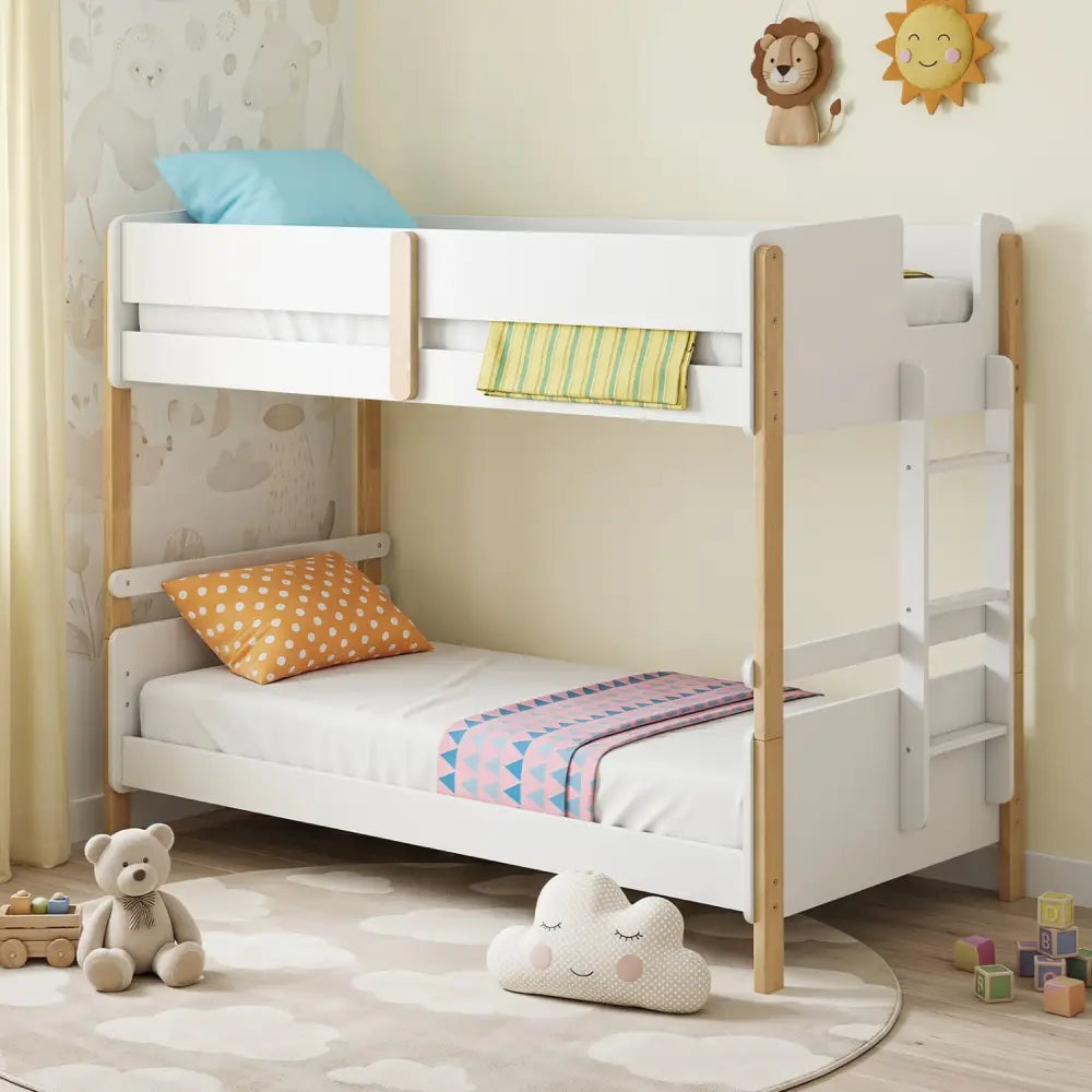 Twin Over Twin Bunk Bed with Ladder Convertible to 2 Twin Beds Toddler Wood Bunk Bed-White - White - Toddler Beds