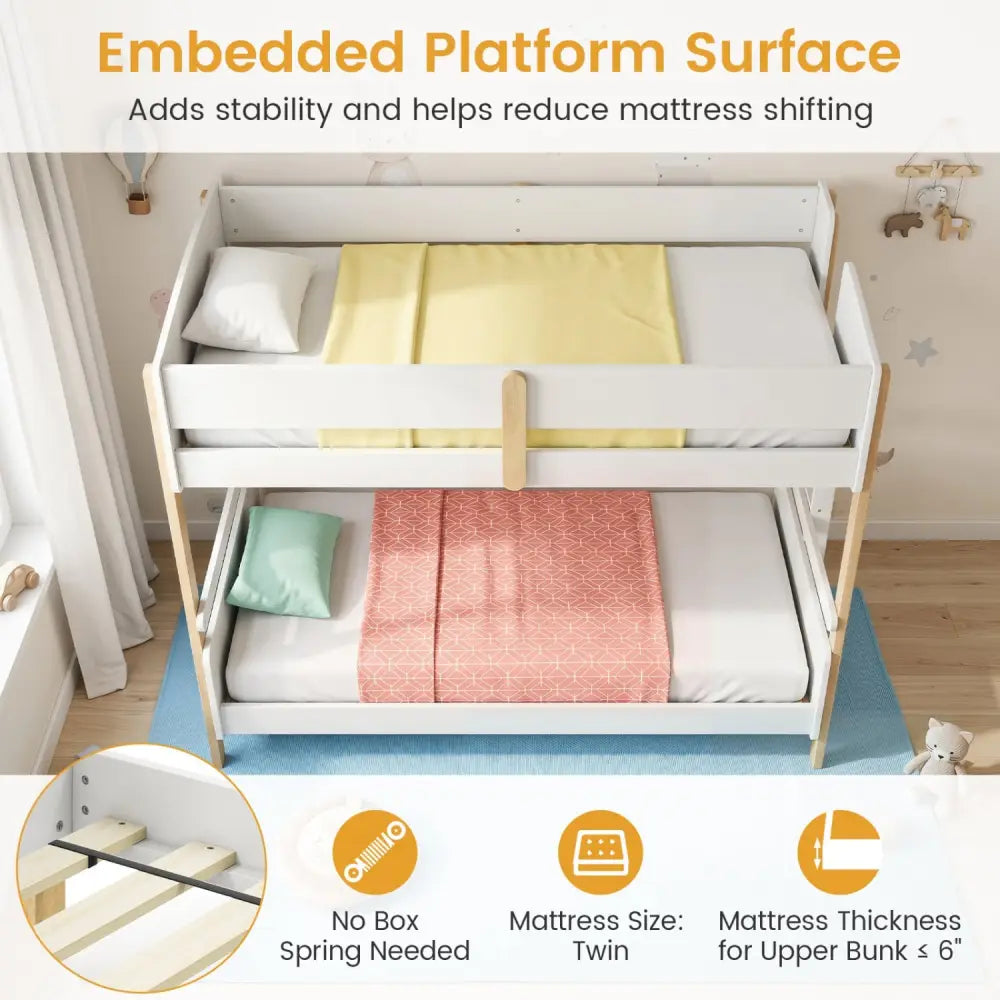 Twin Over Twin Bunk Bed with Ladder Convertible to 2 Twin Beds Toddler Wood Bunk Bed-White - White - Toddler Beds