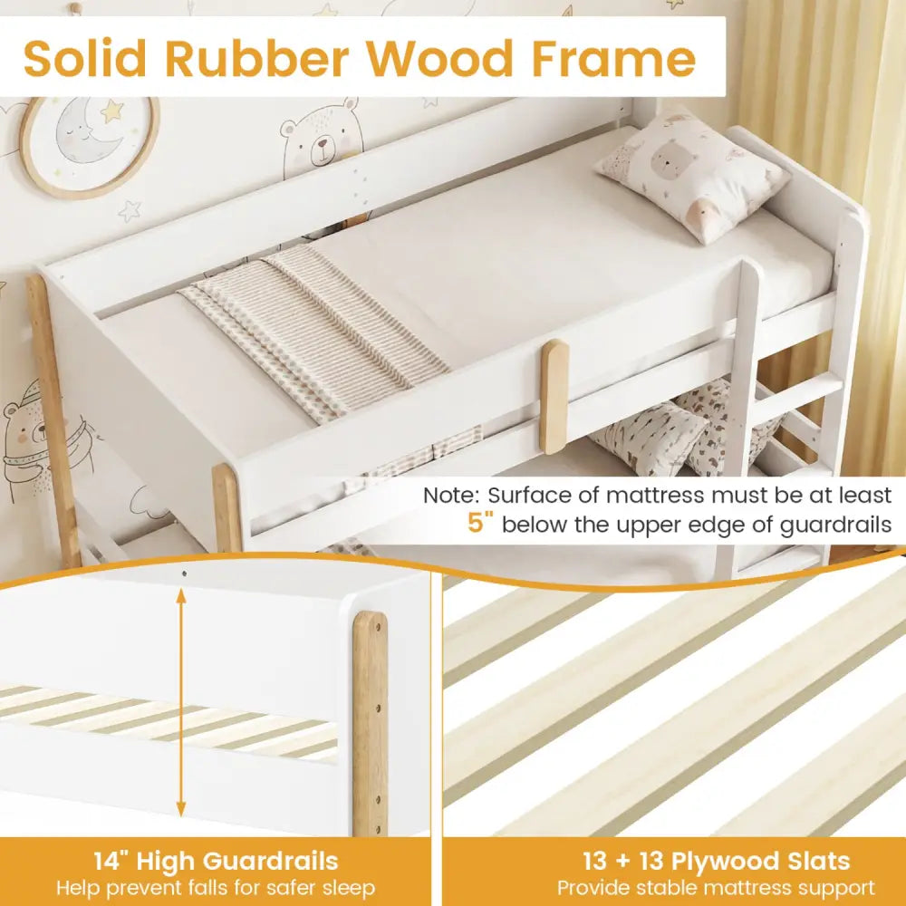 Twin Over Twin Bunk Bed with Ladder Convertible to 2 Twin Beds Toddler Wood Bunk Bed-White - White - Toddler Beds