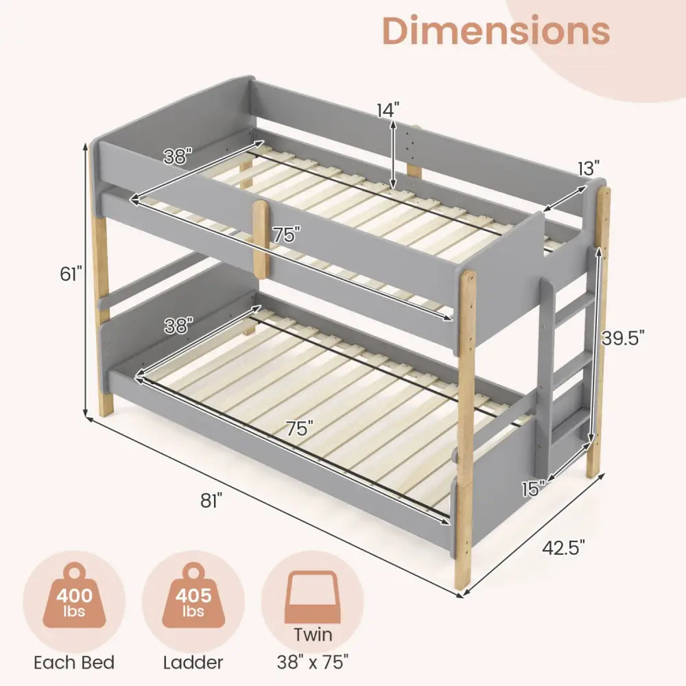 Twin Over Twin Bunk Bed with Ladder Convertible to 2 Twin Beds Toddler Wood Bunk Bed-Grey - Gray - Toddler Beds