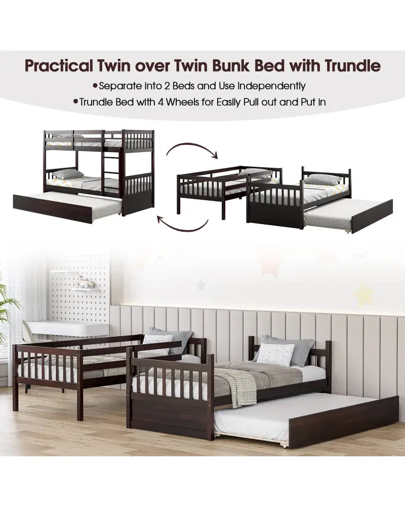 Twin Over Twin Bunk Bed with Pull-out Trundle and Ladder-Espresso - Espresso - Bunk Bed Frame