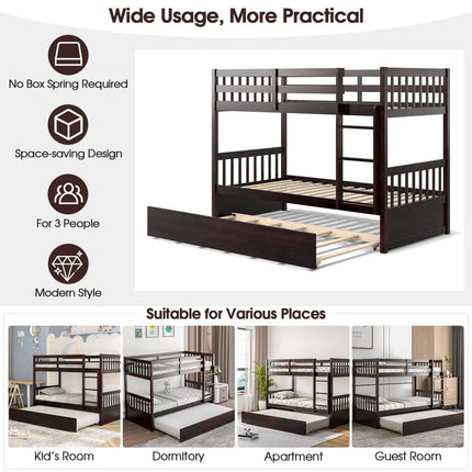 Twin Over Twin Bunk Bed with Pull-out Trundle and Ladder-Espresso - Espresso - Bunk Bed Frame