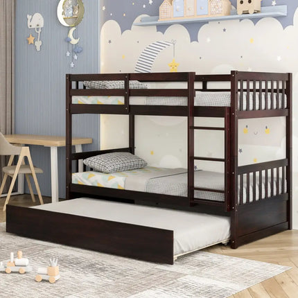 Twin Over Twin Bunk Bed with Pull-out Trundle and Ladder-Espresso - Espresso - Bunk Bed Frame