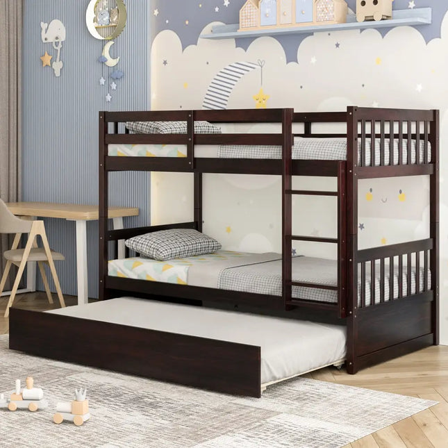 Twin Over Twin Bunk Bed with Pull-out Trundle and Ladder-Espresso - Espresso - Bunk Bed Frame