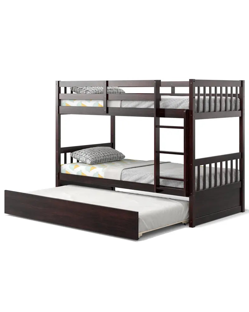 Twin Over Twin Bunk Bed with Pull-out Trundle and Ladder-Espresso - Espresso - Bunk Bed Frame