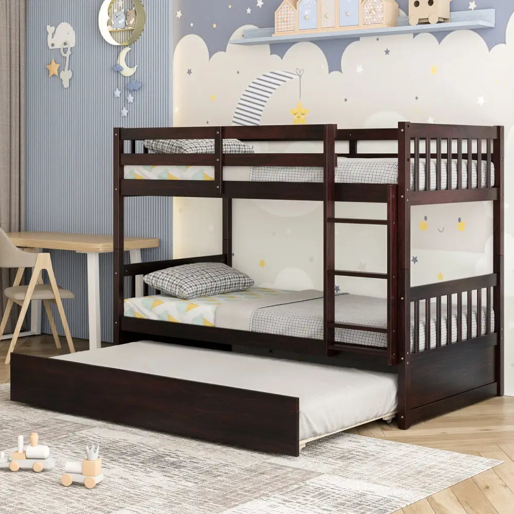 Twin Over Twin Bunk Bed with Pull-out Trundle and Ladder-Espresso - Espresso - Bunk Bed Frame