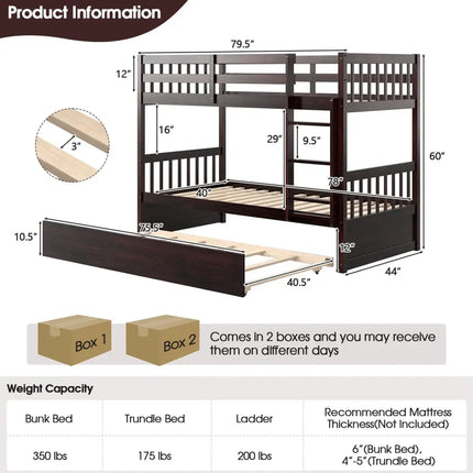 Twin Over Twin Bunk Bed with Pull-out Trundle and Ladder-Espresso - Espresso - Bunk Bed Frame