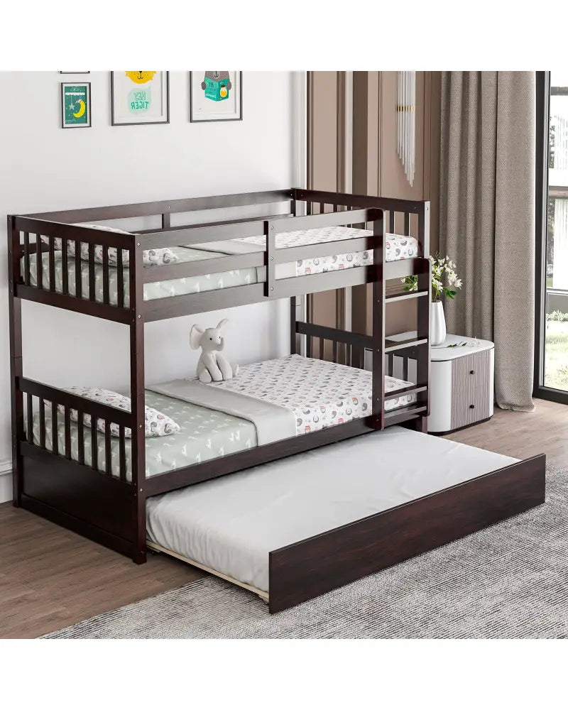 Twin Over Twin Bunk Bed with Pull-out Trundle and Ladder-Espresso - Espresso - Bunk Bed Frame