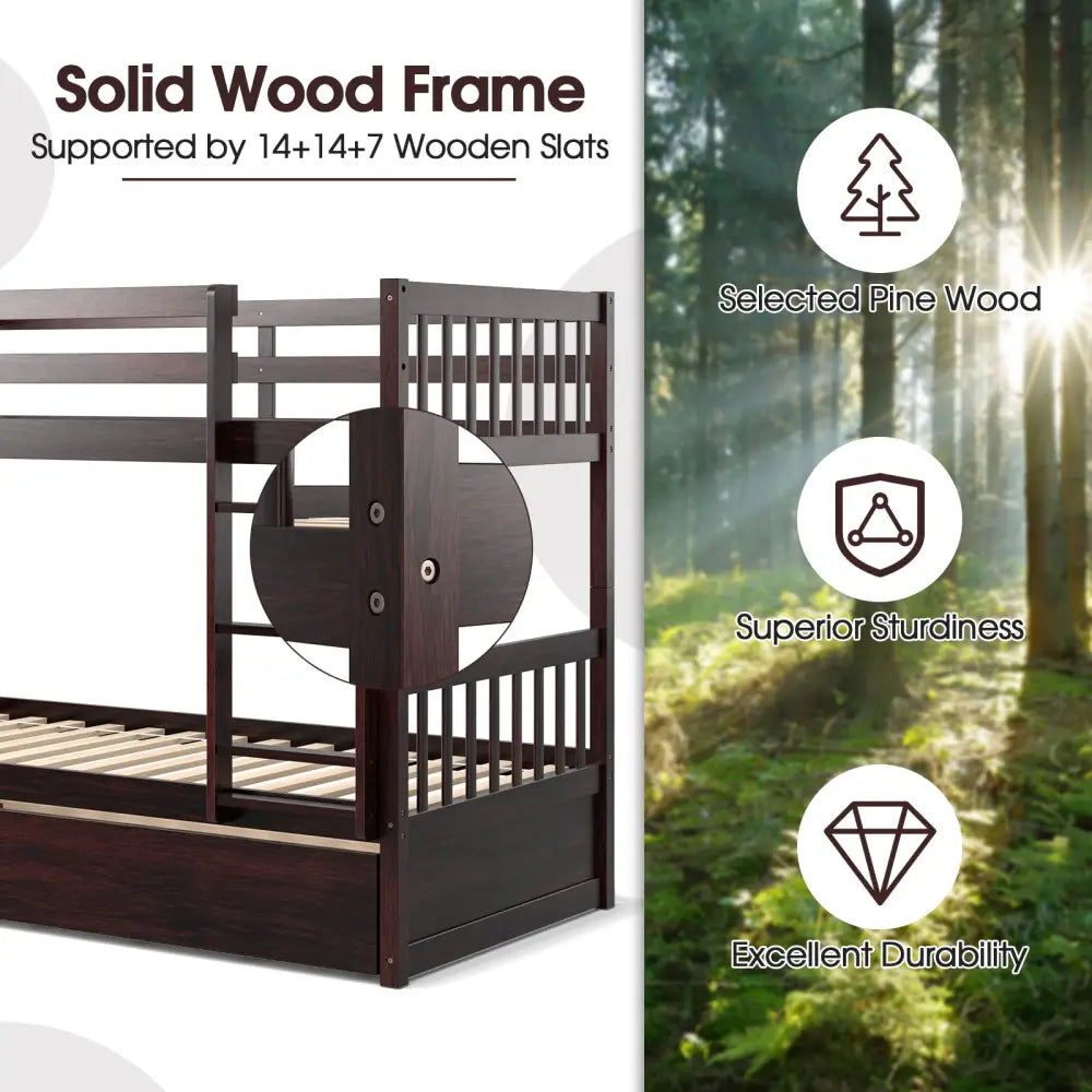 Twin Over Twin Bunk Bed with Pull-out Trundle and Ladder-Espresso - Espresso - Bunk Bed Frame