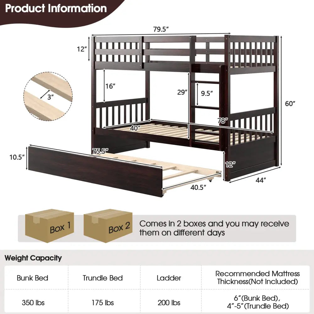Twin Over Twin Bunk Bed with Pull-out Trundle and Ladder-Espresso - Espresso - Bunk Bed Frame