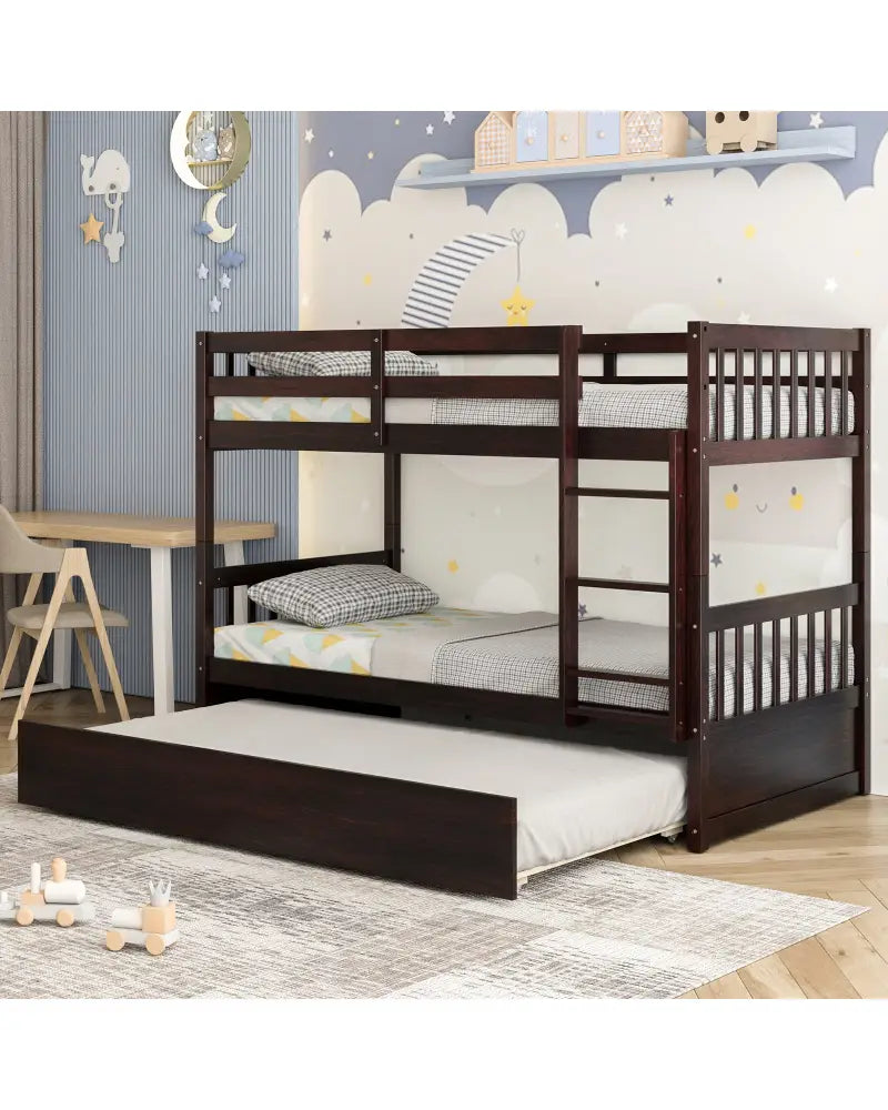 Twin Over Twin Bunk Bed with Pull-out Trundle and Ladder-Espresso - Espresso - Bunk Bed Frame