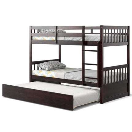 Twin Over Twin Bunk Bed with Pull-out Trundle and Ladder-Espresso - Espresso - Bunk Bed Frame