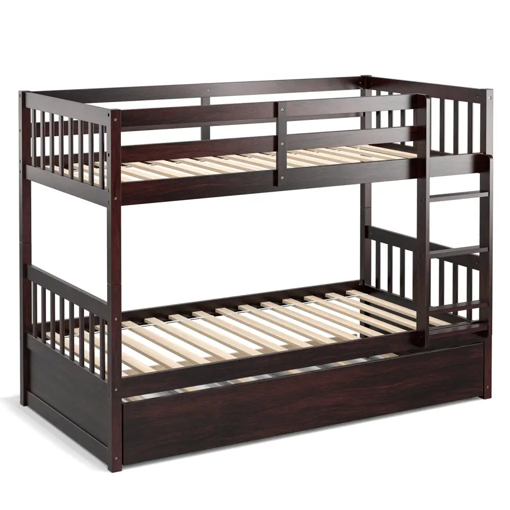 Twin Over Twin Bunk Bed with Pull-out Trundle and Ladder-Espresso - Espresso - Bunk Bed Frame