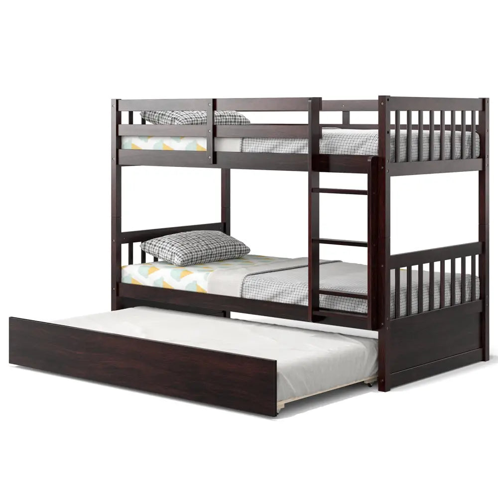 Twin Over Twin Bunk Bed with Pull-out Trundle and Ladder-Espresso - Espresso - Bunk Bed Frame