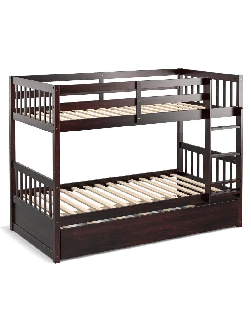 Twin Over Twin Bunk Bed with Pull-out Trundle and Ladder-Espresso - Espresso - Bunk Bed Frame