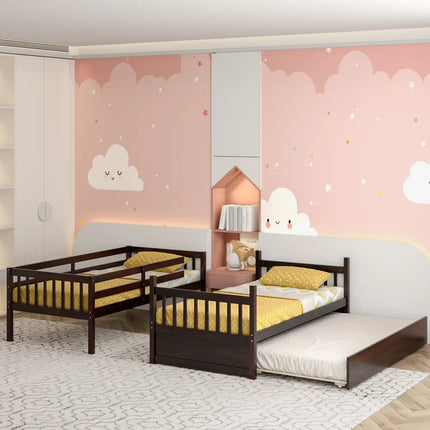 Twin Over Twin Bunk Bed with Pull-out Trundle and Ladder-Espresso - Espresso - Bunk Bed Frame