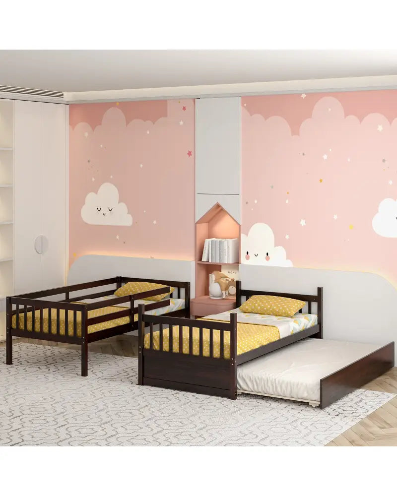 Twin Over Twin Bunk Bed with Pull-out Trundle and Ladder-Espresso - Espresso - Bunk Bed Frame