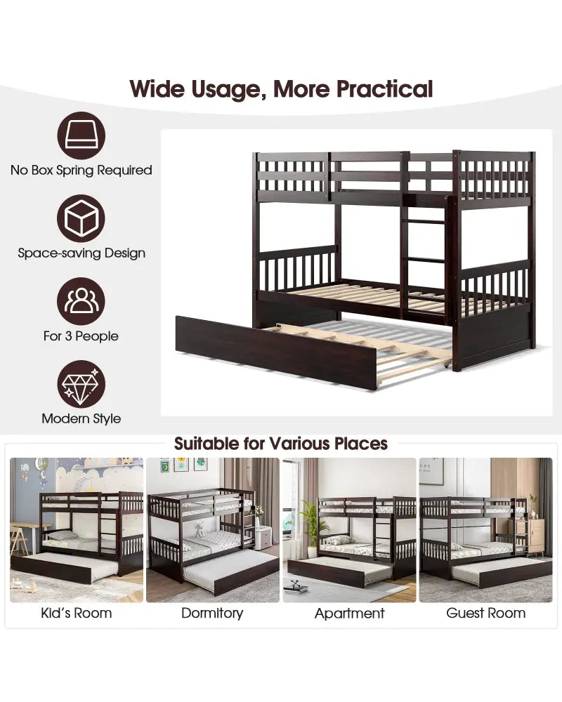 Twin Over Twin Bunk Bed with Pull-out Trundle and Ladder-Espresso - Espresso - Bunk Bed Frame
