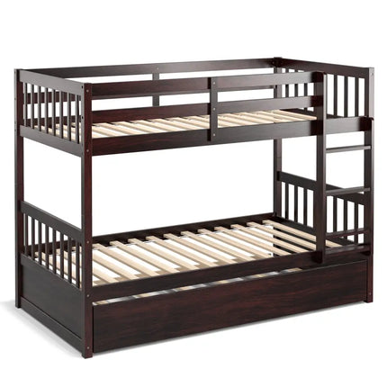 Twin Over Twin Bunk Bed with Pull-out Trundle and Ladder-Espresso - Espresso - Bunk Bed Frame