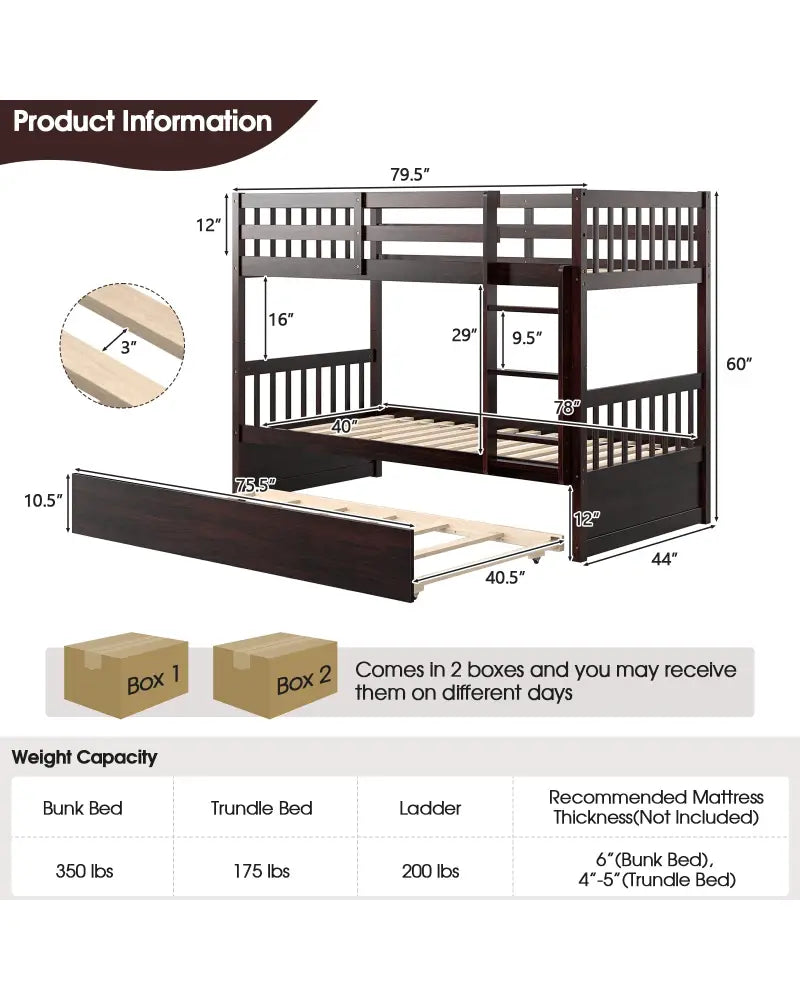 Twin Over Twin Bunk Bed with Pull-out Trundle and Ladder-Espresso - Espresso - Bunk Bed Frame