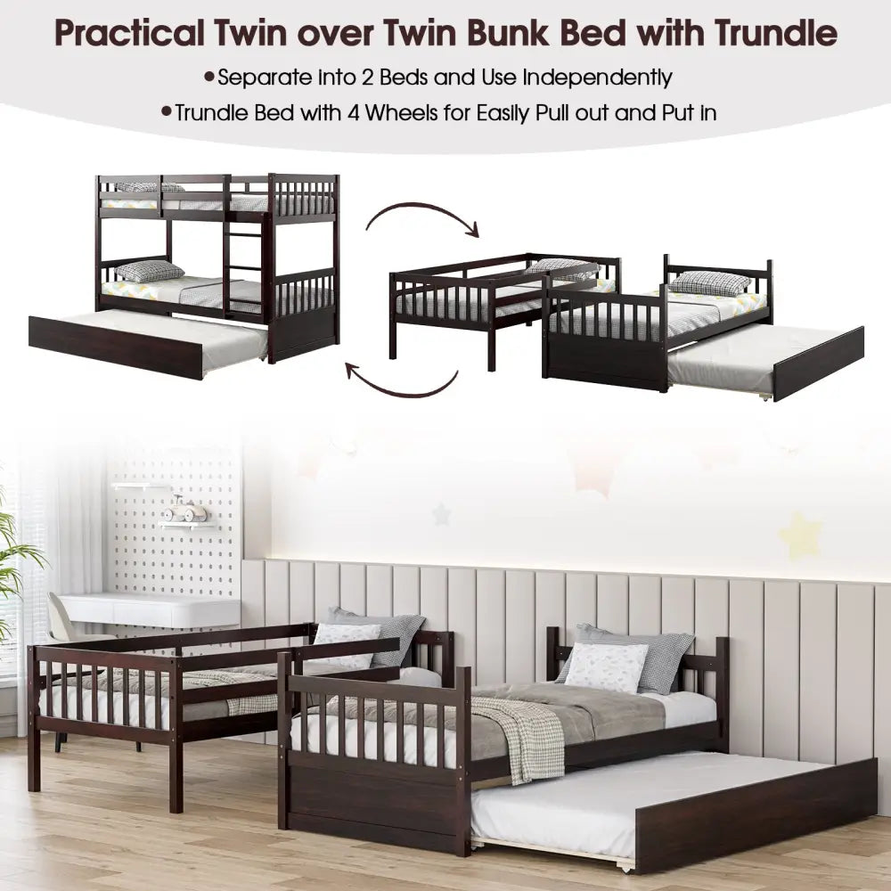 Twin Over Twin Bunk Bed with Pull-out Trundle and Ladder-Espresso - Espresso - Bunk Bed Frame