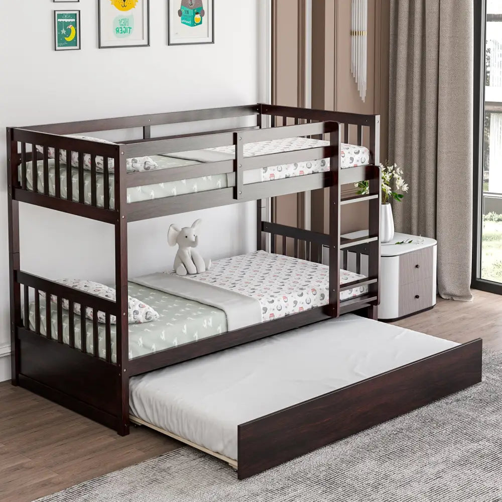 Twin Over Twin Bunk Bed with Pull-out Trundle and Ladder-Espresso - Espresso - Bunk Bed Frame