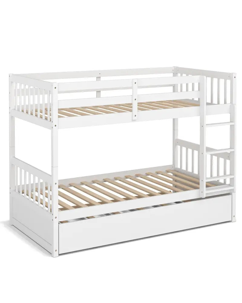 Twin Over Twin Bunk Bed with Pull-out Trundle and Ladder-White - White - Bunk Bed Frame