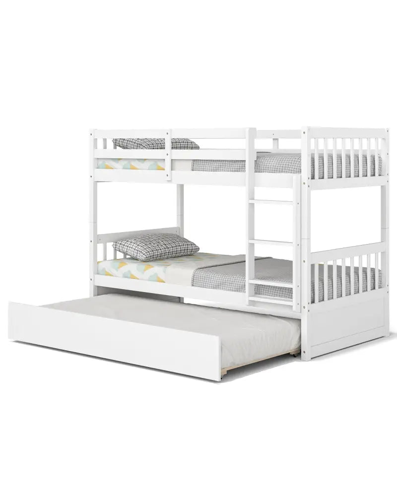 Twin Over Twin Bunk Bed with Pull-out Trundle and Ladder-White - White - Bunk Bed Frame