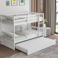 Twin Over Twin Bunk Bed with Pull-out Trundle and Ladder-White - White - Bunk Bed Frame