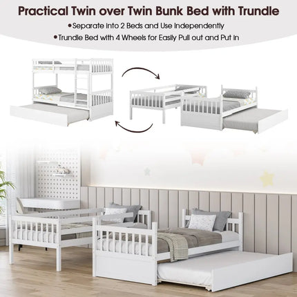 Twin Over Twin Bunk Bed with Pull-out Trundle and Ladder-White - White - Bunk Bed Frame
