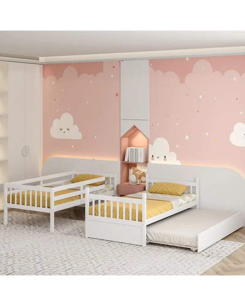 Twin Over Twin Bunk Bed with Pull-out Trundle and Ladder-White - White - Bunk Bed Frame